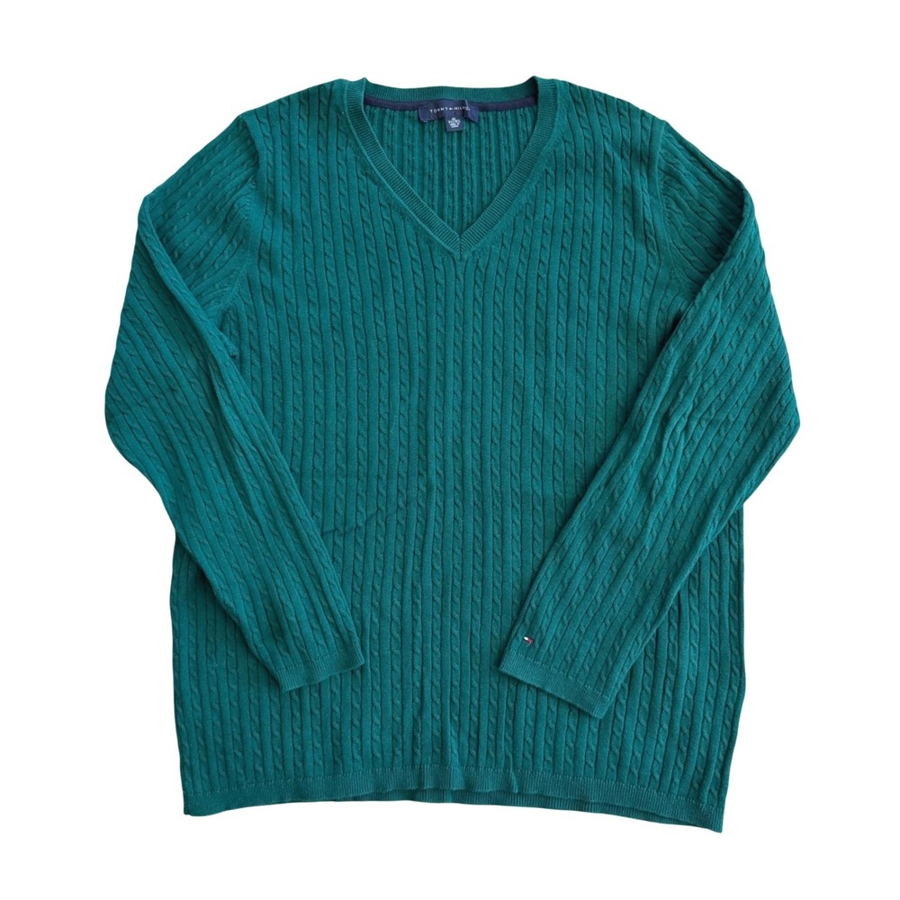 Tommy Hilfiger Womens Forest Green Cable Knit V-Neck Cotton Sweater XL Classic